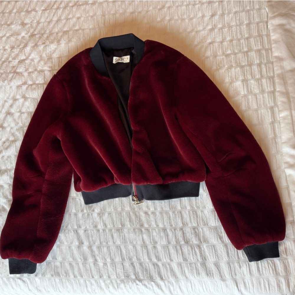 Burgundy and Black faux fur cropped Jacket